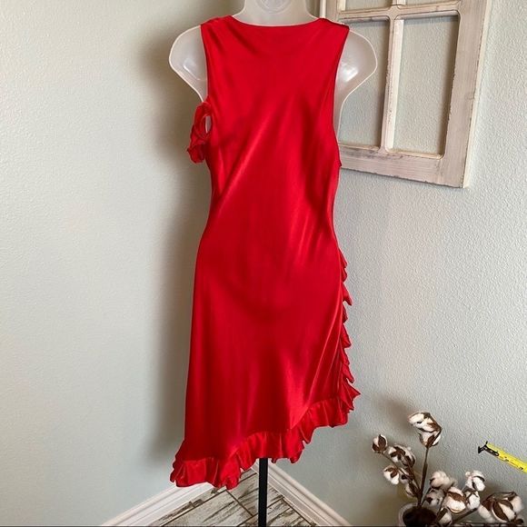 RED SILK DRESS Pure Silk 100% with Ruffles Size 8 Medium - Picture 9 of 14